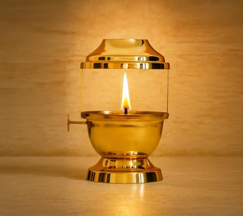 Image of Akhand Jyot Diya Large Size (200 ml Oil Capacity) | Adjustable Bati Knob, Wick Lifting Screw Lever, Glass Cover | Burns Continuously Up to 48 Hours | Wick Included (Large)
