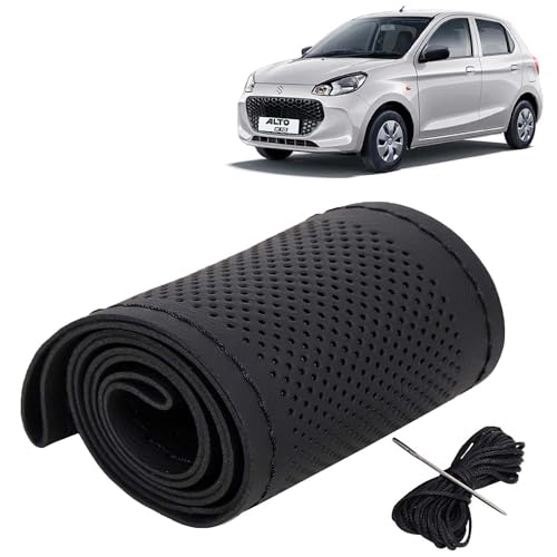 Image of KINGSWAY PU Leatherite Car Steering Cover Sewable Compatible with Maruti Suzuki Alto K10 (Year 2022 Onwards), Black Color with Black Thread, Pack of 1 with Sewing Needle and Thread