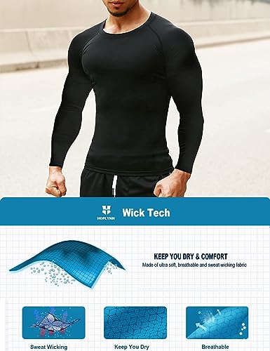 HOPLYNN 4 Pack Compression Shirts Men Long Sleeve Rash Guard Athletic Baselayer Undershirt Gear Tshirt for Sports Workout 4 Black XX-Large