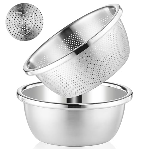 POPGRADE 304 Stainless Steel Colander with Bowl, 5-Qt Large Rice Washing Bowl Colander Food Strainers Set, Fruit Vegetable Washing Basket, Pasta Rice Rinser Strainer Washer (2pcs) by POPGRADE - Used condition - CA$23.02