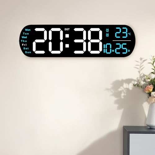 HAMON Reloj de pared digital grande con control remoto, luz ambiental 9 RGB, reloj de pared digital, pantalla grande, reloj digital LED azul con control remoto, reloj de pared digital operado por USB
