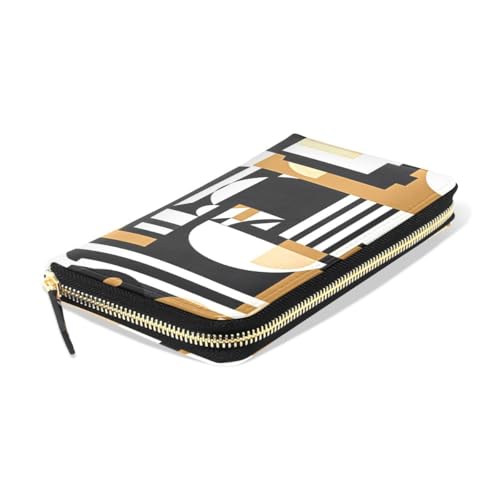 Long Wallets Leather Bifold Wallet for Women Brown Black Geometric with Zipper Credit Card Holder Large Capacity3