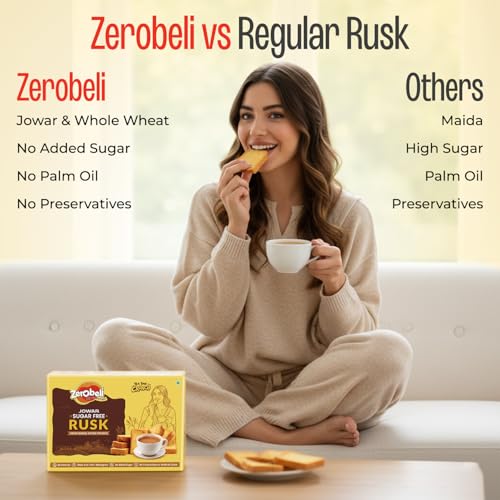 Image of Zerobeli Sugar Free Jowar Rusk - 225g (Pack of 2) | High Fiber Wholegrain Rusks | No Added Sugar, No maida & No Palm Oil | Healthy Snacks for Diabetics & Weight Management