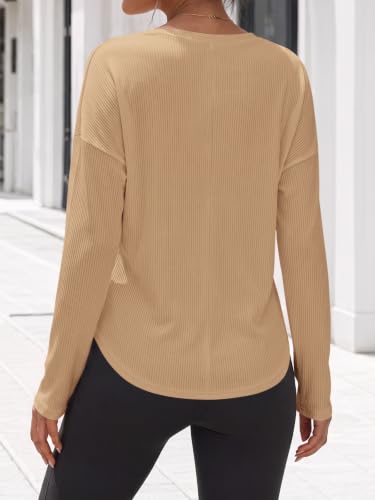 Fisoew Womens Long Sleeve Henley Shirts Ribbed Knit Button Tunic Tee Tops — view 4