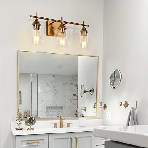Henveton Mid Century Brass Bathroom Vanity Light Series, 2 Light & 3 Light Glass Bathroom Light Fixture For Bedroom Hallway Living Room #TOP7