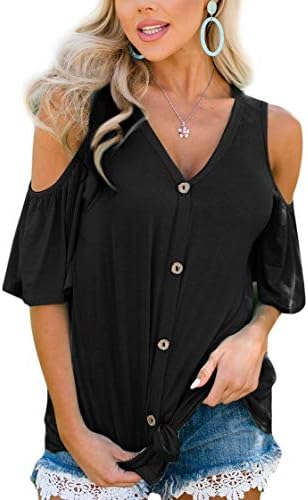 Spadehill Womens Cold Shoulder Button Down Knot Front Short Sleeve Tops