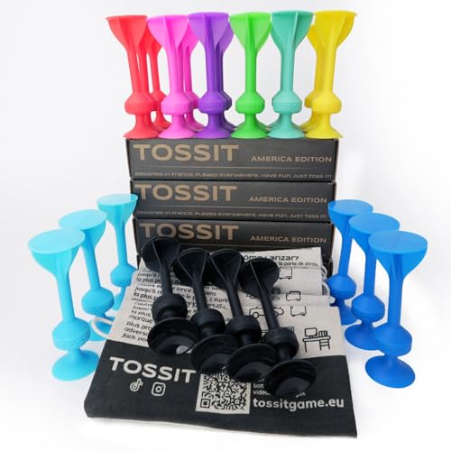 TOSSIT Game Suction Cup Darts, Toss Game Perfect Family and Party, Silicone Throwing Game for Backyard, Indoor and Outdoor Fun, 8 Colors, Quad Pack, Red Cyan Pink Blue Purple Green Blue Yellow