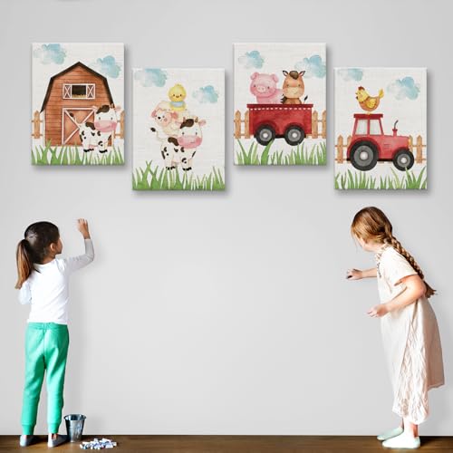 Image of Watercolor Farmhouse Nursery Decor Canvas Wall Art Farm Cute Animal Chicken Cow Pig Wall Decor Artwork Poster Prints for Home Living Room Girls Boys Bedroom Classroom Decoration,4PCS,Framed,8x10IN