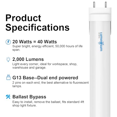 LUMINOSUM T8 LED Tube Light 4FT 20W, 40W Equivalent, 2000LM 4000K Nature White, T8 T10 T12 Fluorescent Replacement, Dual-end Powered, Ballast Bypass, Frosted Cover, ETL Listed, for Shop 10-Pack by LUMINOSUM - Image 2