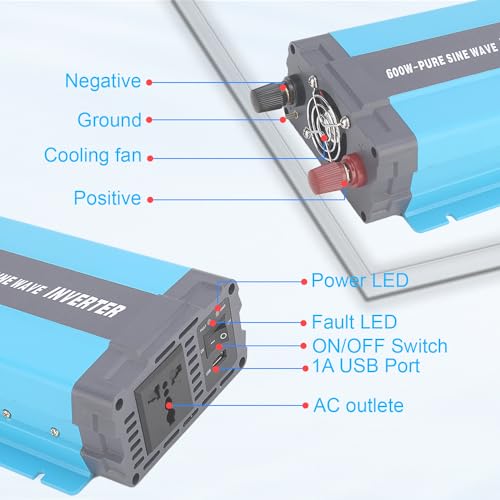 24V Pure Sine Wave Power Inverter 600W DC 24V to AC 120V with AC Outlets, 5V/1A USB Port for RV Car Emergency etc. by iSunergy - Image 2