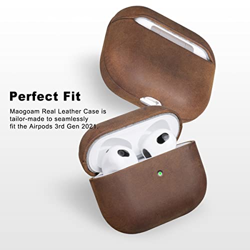 Airpods 3 Leather Case Cover, Maogoam Genuine Vintage Oil Wax Crazy Horse Cowhide Leather Case Cover For Apple Airpods 3Rd Generation 2021, Handcrafted Fully-Wrapped, The Front Led Visible, Dark Brown #TOP2