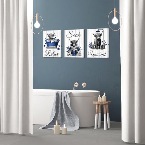 Fochorlo Highland Cow Bathroom Wall Art Farmhouse Funny Animal Painting Bathtub Decoration 12"X16"X3 (Navy Blue) by Fochorlo - Used condition - Image 4