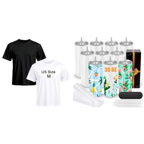 Joyclub Bundle of 2 Pack Black White Adult Unisex Polyester T Shirts and 10 Pack Sublimation Tumblers 30 oz