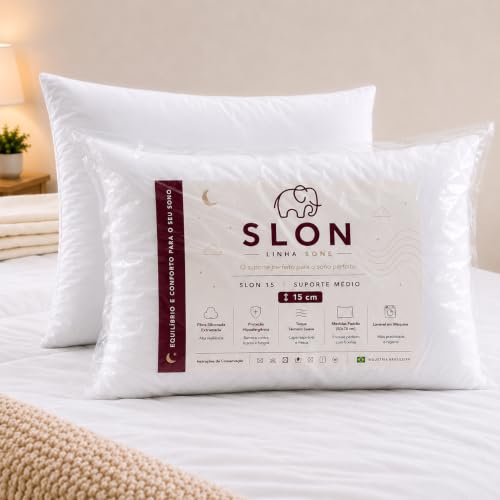 Kit 2 Travesseiros Suporte Médio (15cm) SLON 50x70cm - Micropercal 200 Fios, Antialérgico, Antiácaro, Lavável, Ultra Macios, Fibra Importada e Sem Origem Animal, Conforto de Hotel - Branco