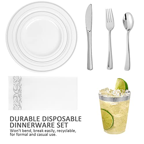 Bayzz 175Pcs Silver Dinnerware Set, 50 Silver Lace Design Plastic Plates - 25 Silver Plastic Silverware - 25 Silver Cups - 25 Linen Like Silver Napkins, 25 Guest Disposable Dinnerware Set,For Wedding #TOP2
