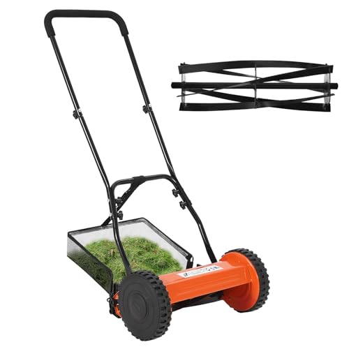 Walk-Behind Push Reel Lawn Mower, 16-Inch 5-Blade, with Removable Grass Catcher and Adjustable Cutting Height(0.6-1.75 Inch), Sponge Grip & Steel Build