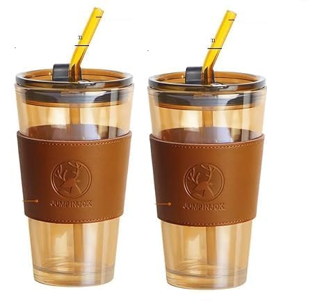 Image of Coffee Glass Sipper Mug with Straw & Lid | Brown Iced Tea Tumbler with Leather Sleeve | Reusable Hot & Cold Beverage Cup | Stylish Drinkware for Home, Travel - Pack of 2(Brown Leather)
