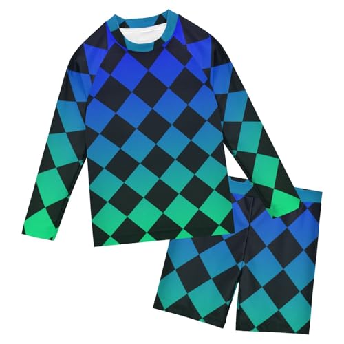 Traje de baño de dos piezas con rombos Buffalo Plaid degradado y protección UV textil para niños