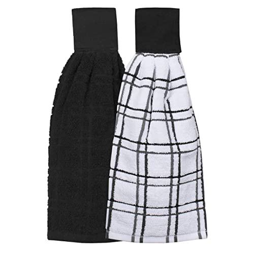 kitchen oven towel - Ritz Hanging Tie Towels, 2 Pack - Solid & Checked, Black, 2 Count