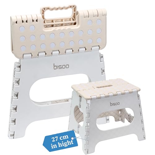 Bisoo Taburete Alto Plegable - 27 cm - Taburetes Altos de Cocina, Baño, Autocaravana - Escalon Infantil Niños - Banqueta Plegable y Portatil - Antideslizante, Seguro, Práctico - Soporta 150Kg - Crema
