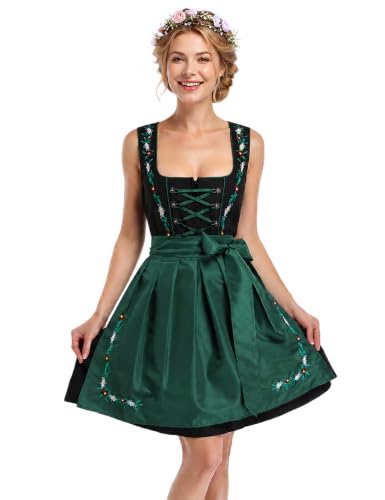 Women 2-Piece Bavarian Dirndl Oktoberfest Costume - Dress + Apron Green S | Dirndl Dress for Beer Garden Festival and Cosplay Party