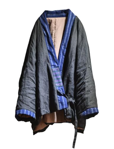 Women's Wrap Front Cotton Quilted Short Jacket Chinese Hanfu Style Kimono Cardigan Printed Patchwork Loose Outwear