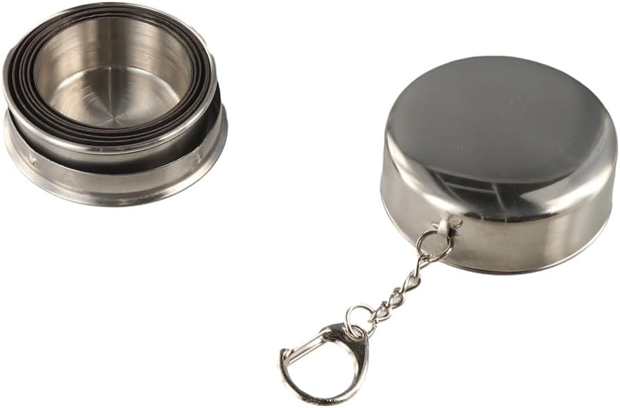 2Pcs 70ML /2.5oz Stainless Steel Folding Cup, Reusable Portable Collapsible Cup Drinking Mug with Lids Keychain for Outdoor Travel Camping Hiking Fishing