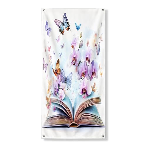 Cartel decorativo para puerta de orquídeas de primavera, libros divertidos, flores, mariposas, decoración de fondo, decoración de fondo, interior y exterior, cartel floral para porche, telón de fondo