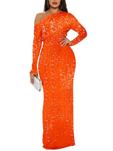Eightale Orange Long Sleeve Sequin Prom Dress for Women Mermaid Off The Shoulder Sparkly Elegant...