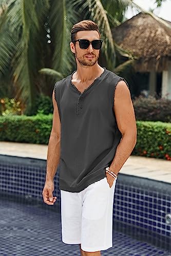 Runcati Mens Cotton Vest Workout Tank Tops Henley Shirt V-Neck Sleeveless Beach Yoga Casual Tops (Large, Gray) #TOP2
