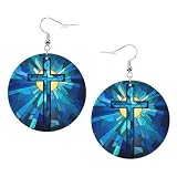 ZVPLOVJ Jesus Christ Cross Religious Stained Glass Style Leather Round Dangle Earrings for Women Double-Sided Design with Hook