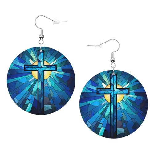 ZVPLOVJ Jesus Christ Cross Religious Stained Glass Style Leather Round Dangle Earrings for Women Double-Sided Design with Hook