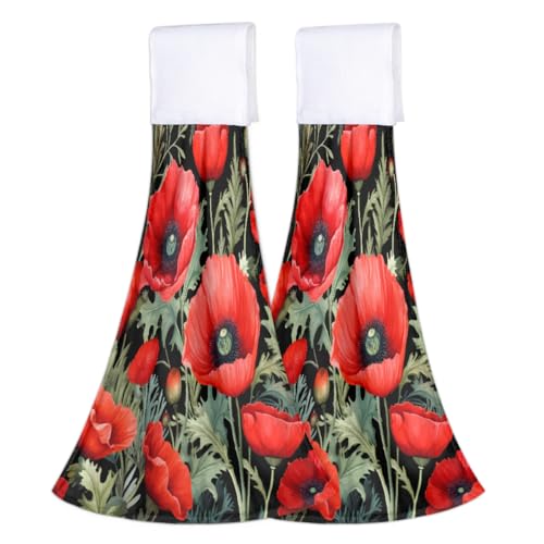 Image of Entemne Red Poppy Flowers Pattern Kitchen Hand Towels