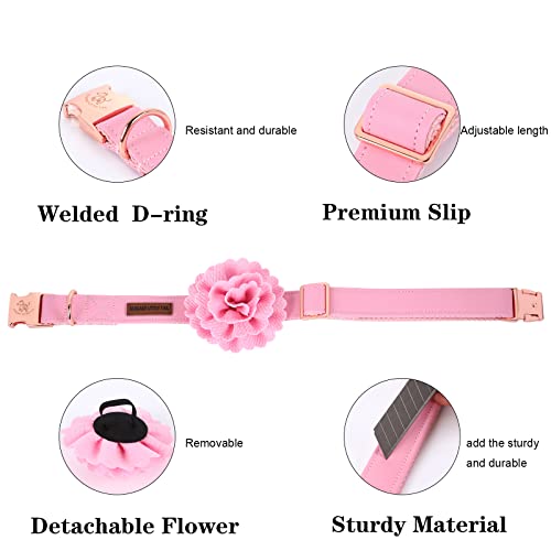 Elegant Little Tail Pink Leather Dog Collar, Durable Pet Collar, Flower Pattern Bow Tie Dog Collar Adjustable Girl Dog Collars For Medium Dogs #TOP1