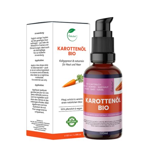 Nakobe Aceite de zanahoria orgánico 100 ml – Cuidado y brillo natural, 100% natural, rico en betacaroteno y vitamina A, para cara, cuerpo y masaje