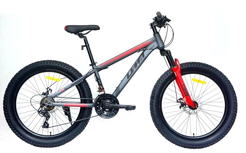 DEPORBIKES®️ Bicicleta 24 Pulgadas niño 8-12 años | Bicicleta de montaña + Ruedas Fat 3.0 + 21 Velocidades Shimano + Suspensión Delantera | Ideal para Aventuras al Aire Libre (Gris-Roja)