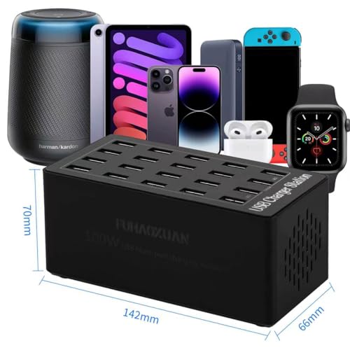 Image of Charging Station, 100W 20-Port USB Multi Device Charger Hub with Intelligent Safety Features, Compact Power Strip for Phones, Watches, Pads, Speakers, Headphones & PS, Ideal for Home Office & Travel