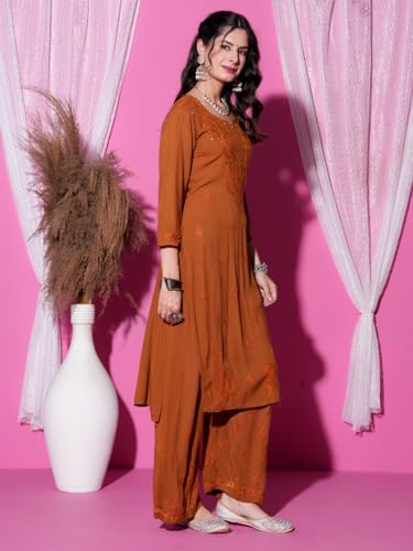 Image of Fashion Chikan Art Women's Lucknowi Premium Chanderi Silk Hand-Embroidered Chikankari Kurti & Palazzo Set | Elegant Festive & Casual Wear Ethnic Suit