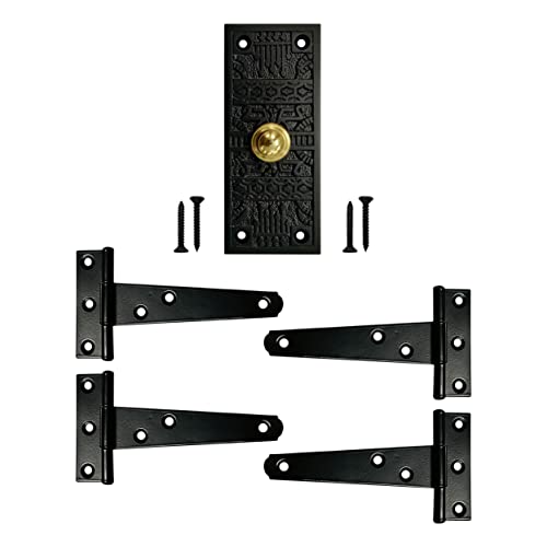 Akatva Doorbell Button With T Hinge Set – 4 Pieces Gate Hinges For Wooden Fences Heavy Duty – Bell Push Button – Doorbell Button Wired – Barn Hinges For Doors – Black Hinges – Antique Black Finish #TOP9