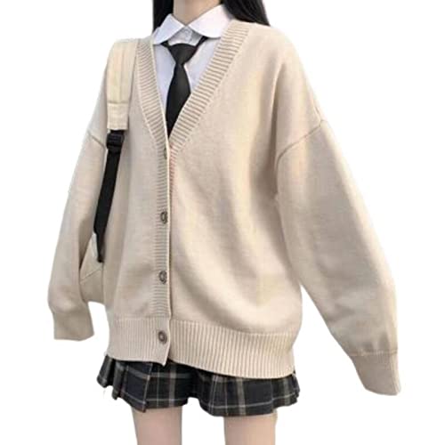 Image of Women's Japanese College Style Loose V-Neck Knitted Cardigan Female JK Jacket Japanese School Uniform Beige