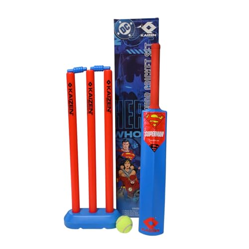 Kaizen Superman Junior Cricket Set for Kids – Superman-Themed Cricket Kit with Bat, Ball, 3 Stumps, Base & 2 Bails – Lightweight Plastic Outdoor Cricket Toy for Boys & Girls (Age 3+)