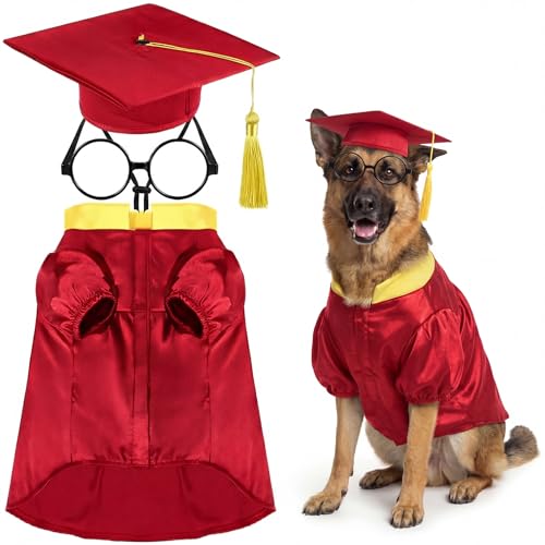 Huhumy 3 Pcs Dog Graduation Costume Set Include Pet Graduation Gown Adjustable Puppy Grad Cap with Gold Tassel Lensless Glasses for Dogs Cats Holiday Costume Accessory(Red,XL)