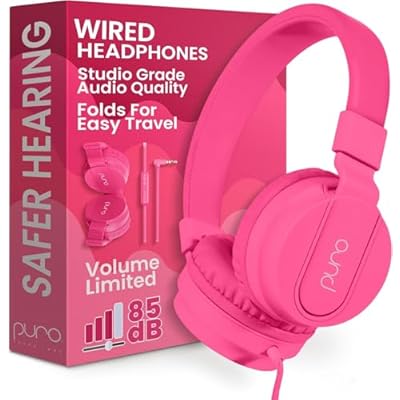 Puro Sound Labs Kids Wired Headphones Volume-Limiting & Adjustable, Safer & Comfortable Headphones For Kids Compatible With PCs, Smartphones & Tablets, Ideal For School & Travel PuroBasic, Pink
