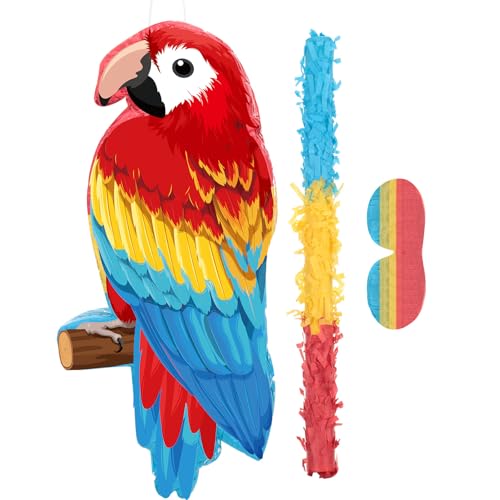 Threan Small Parrot Piñata Hawaiian Party Supplies Parrot Piñata Bird Toy with Blindfold Stick for Luau Hawaii Summer Rainforest Tropical Pirate Theme Birthday Decorations