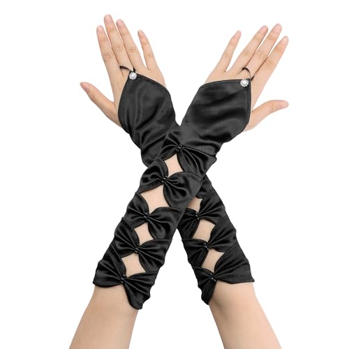 Elerevyo Women Satin Hollow Out Bow Fingerless Elbow Arm Warmers Gloves