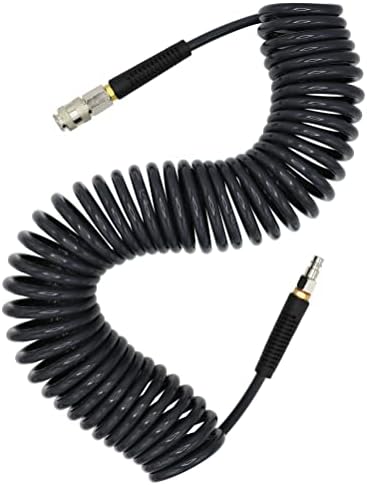 YOTOO Air Compressor Hose Polyurethane Recoil 10m Long 6mm ID x 9.5mm OD with Bend Restrictor, 1/4" Europe Quick Coupler and Plug, Gray