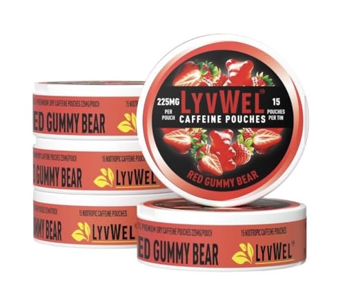 Image of LyvWel 225mg Caffeine Pouches, Guarana-Powered Energy Pouches, Nootropic Pouches, Nicotine Free Pouches & Tobacco-Free (5 Pack, Red Gummy Bear)