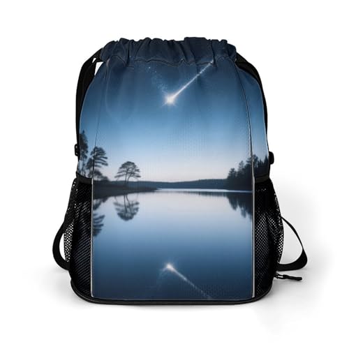 Small Gym Bag Mirror Lake Meteor Printed Drawstring Gym Bag for Men Lightweight Waterproof Drawstring Backpack for Women with Shoe Compartment for Travel Tourism Work And Fitness