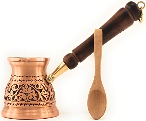 DEDE Copper - 2020-IST Serie (mittel-9.6 fl.oz) dickste massive Kupferkaffeekanne mit graviertem türkischen, griechischen arabischen Kaffeekanne mit Holzgriff, Herdplatte, Cezve, Ibrik, Briki (matt) Cover
