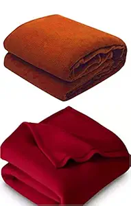 MORADO 500 TC Solid/Plain Light Weight Polar Fleece Single Panipat Famous Warm or Hot AC Blanket Pack of 2 (90X60 Inches, Red and Orange)